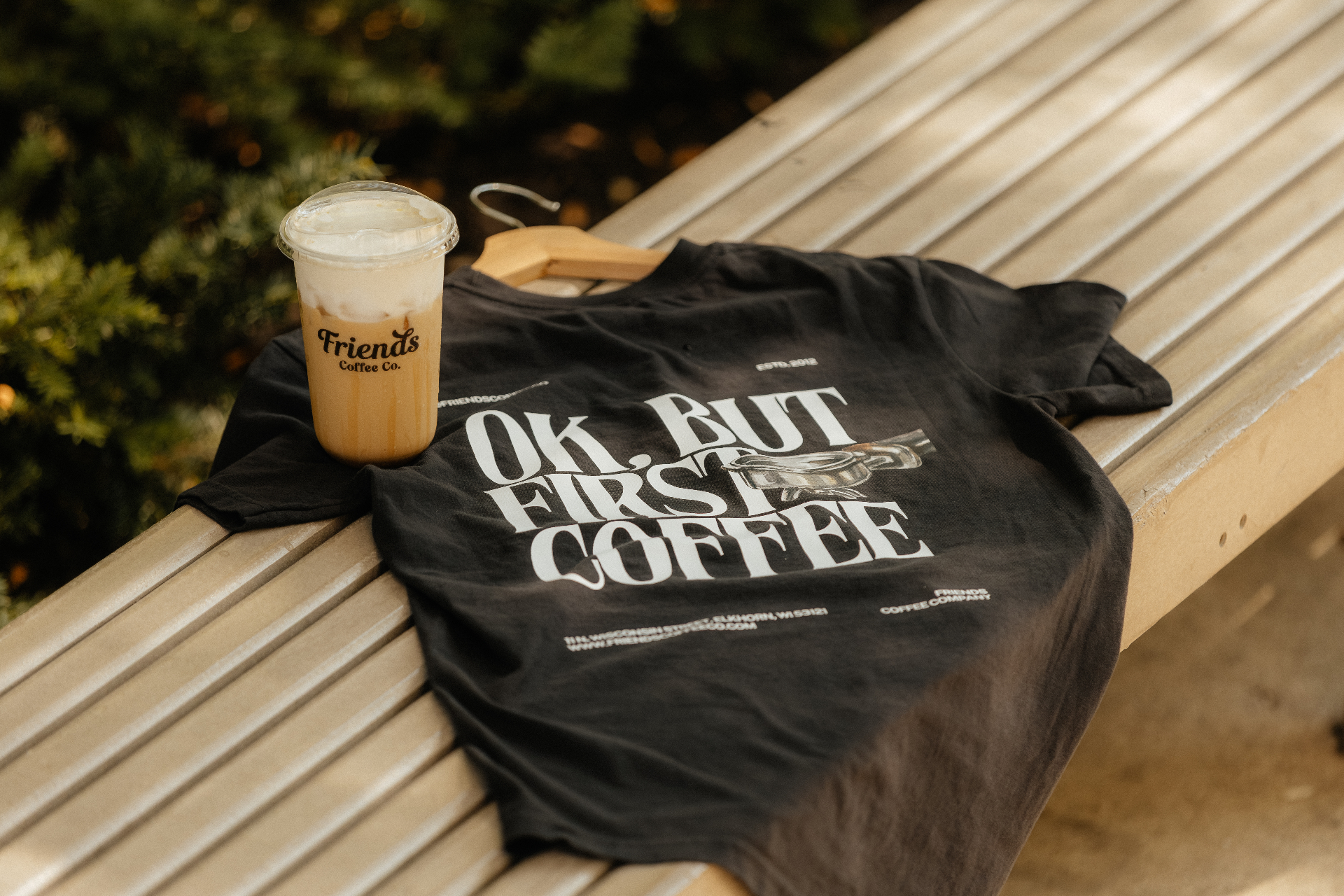 Friends Coffee Co. tee and iced latte